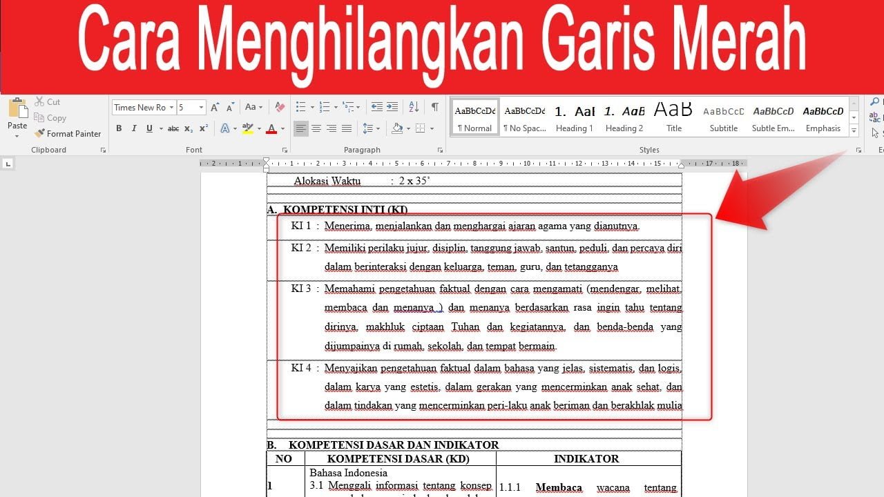 garis merah di Word
